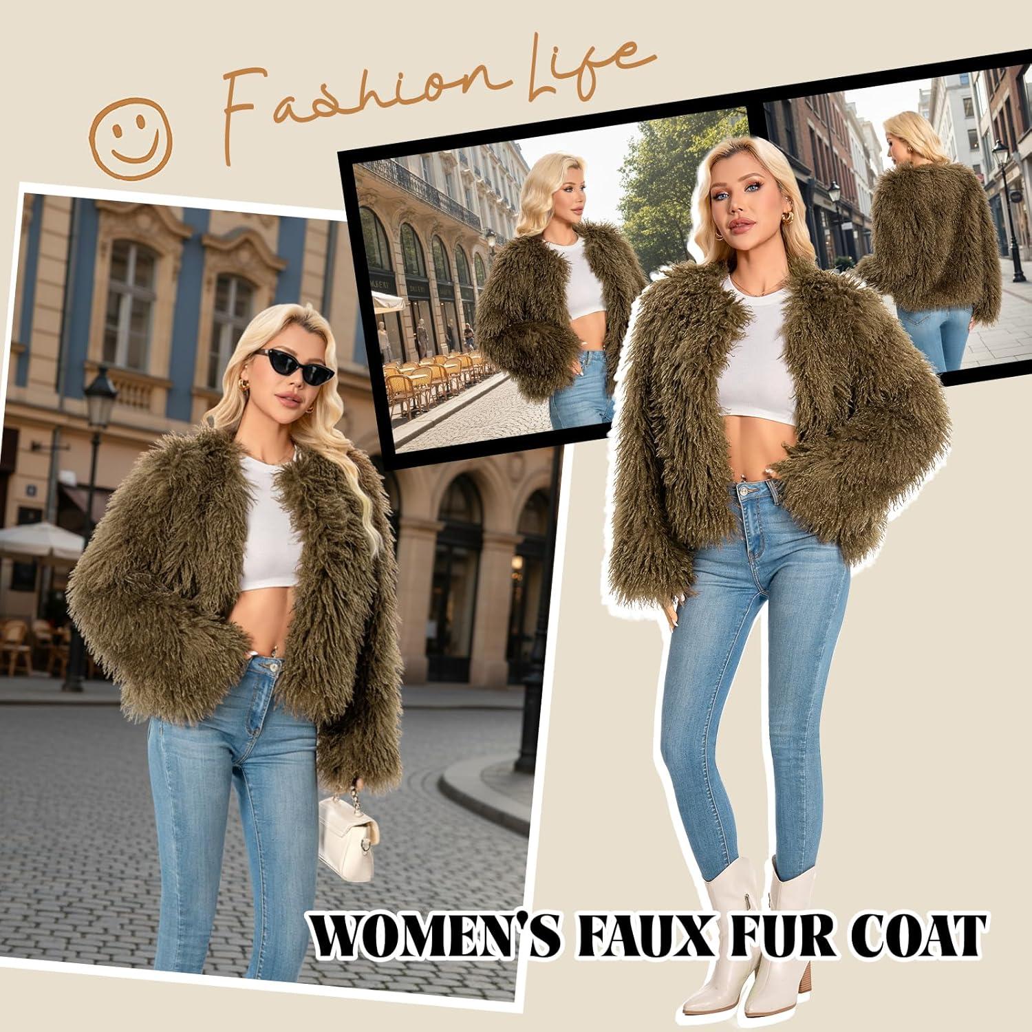 imageFur Coats For Women 2025 Plus Size Mongolian Faux Fuzzy Jacket Fluffy Long Sleeve Winter Coat with PocketsBrown