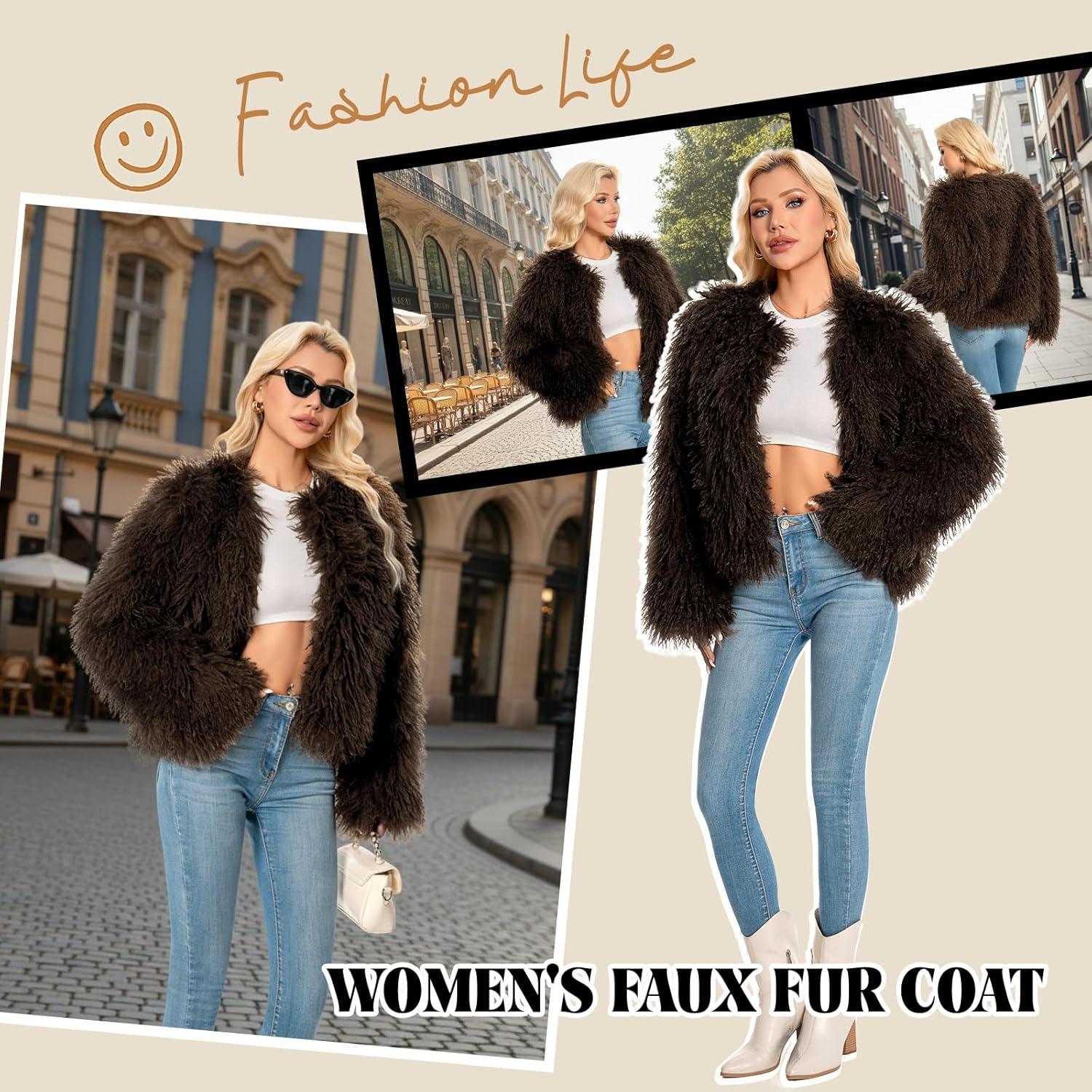 imageFur Coats For Women 2025 Plus Size Mongolian Faux Fuzzy Jacket Fluffy Long Sleeve Winter Coat with PocketsCoffee