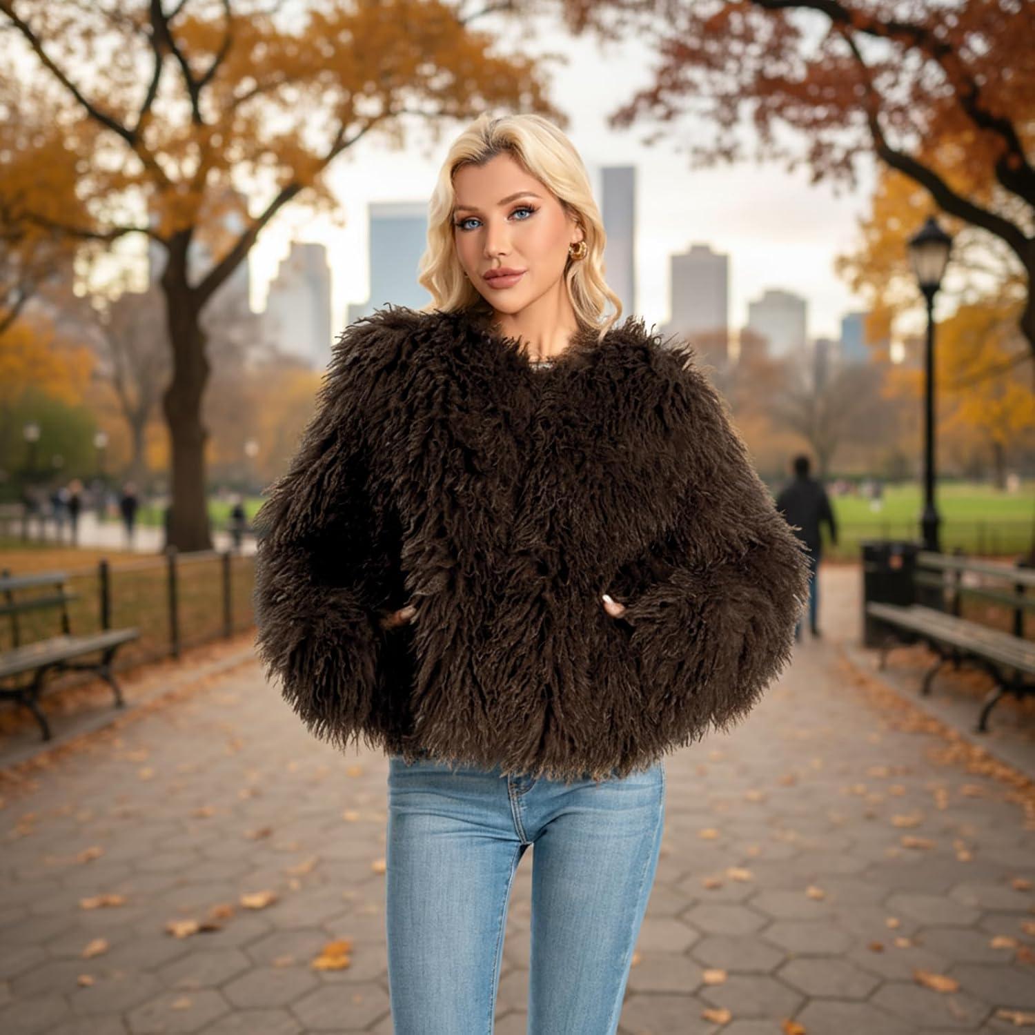imageFur Coats For Women 2025 Plus Size Mongolian Faux Fuzzy Jacket Fluffy Long Sleeve Winter Coat with PocketsCoffee
