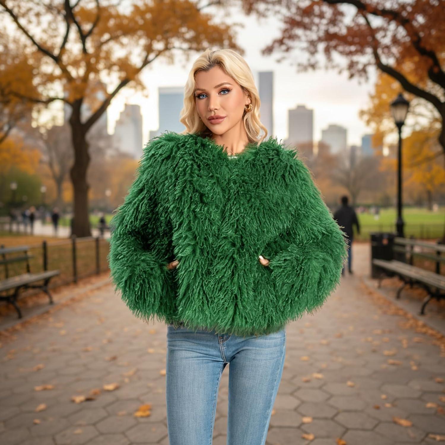 imageFur Coats For Women 2025 Plus Size Mongolian Faux Fuzzy Jacket Fluffy Long Sleeve Winter Coat with PocketsGreen