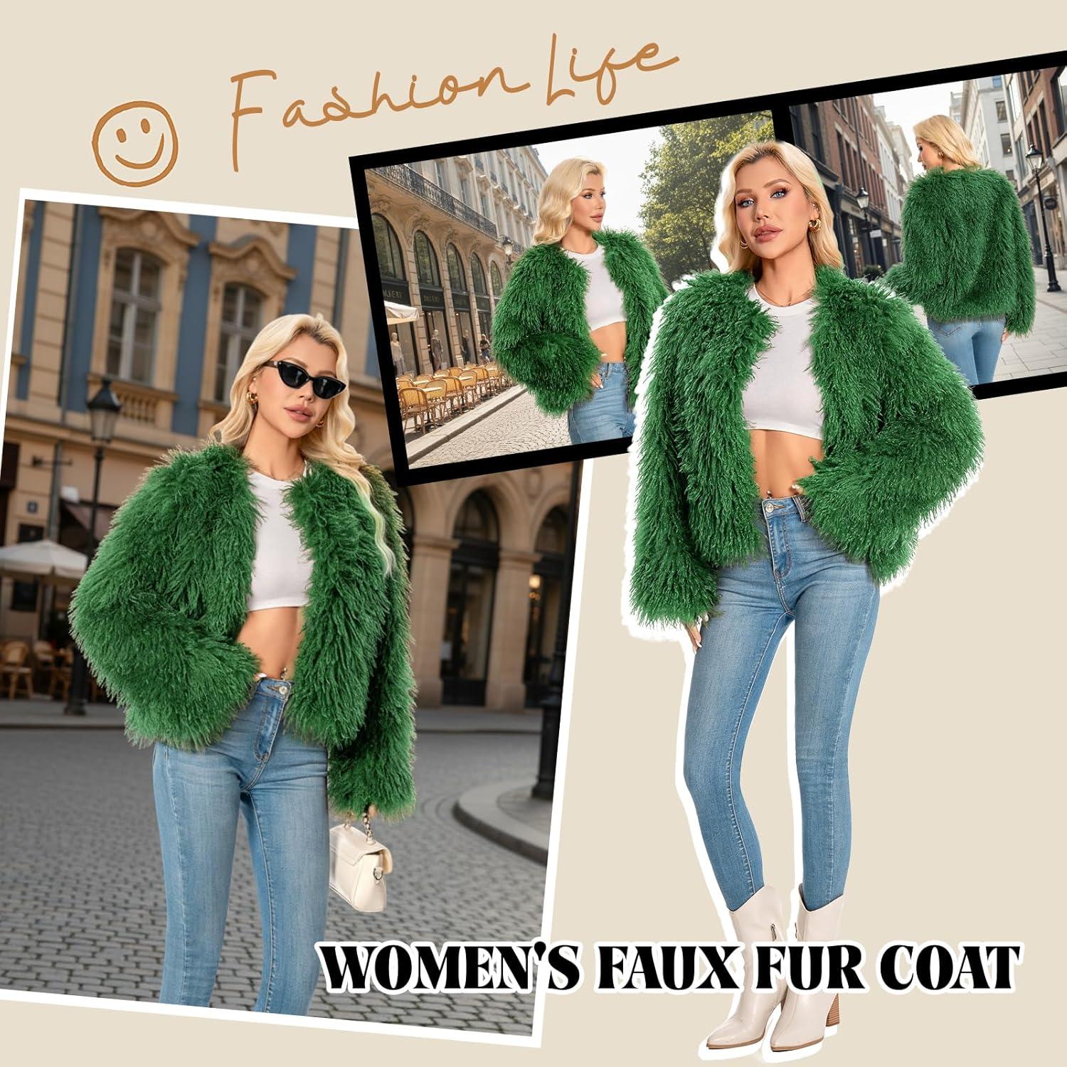 imageFur Coats For Women 2025 Plus Size Mongolian Faux Fuzzy Jacket Fluffy Long Sleeve Winter Coat with PocketsGreen