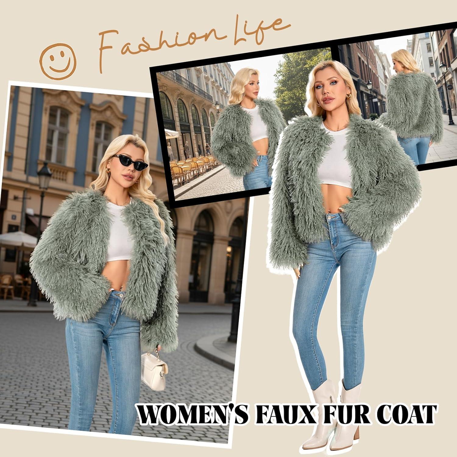imageFur Coats For Women 2025 Plus Size Mongolian Faux Fuzzy Jacket Fluffy Long Sleeve Winter Coat with PocketsGreen Ash