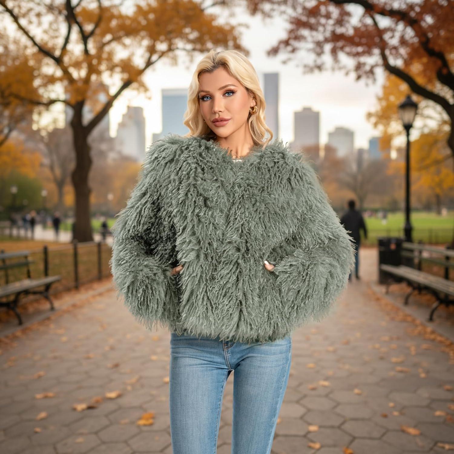 imageFur Coats For Women 2025 Plus Size Mongolian Faux Fuzzy Jacket Fluffy Long Sleeve Winter Coat with PocketsGreen Ash