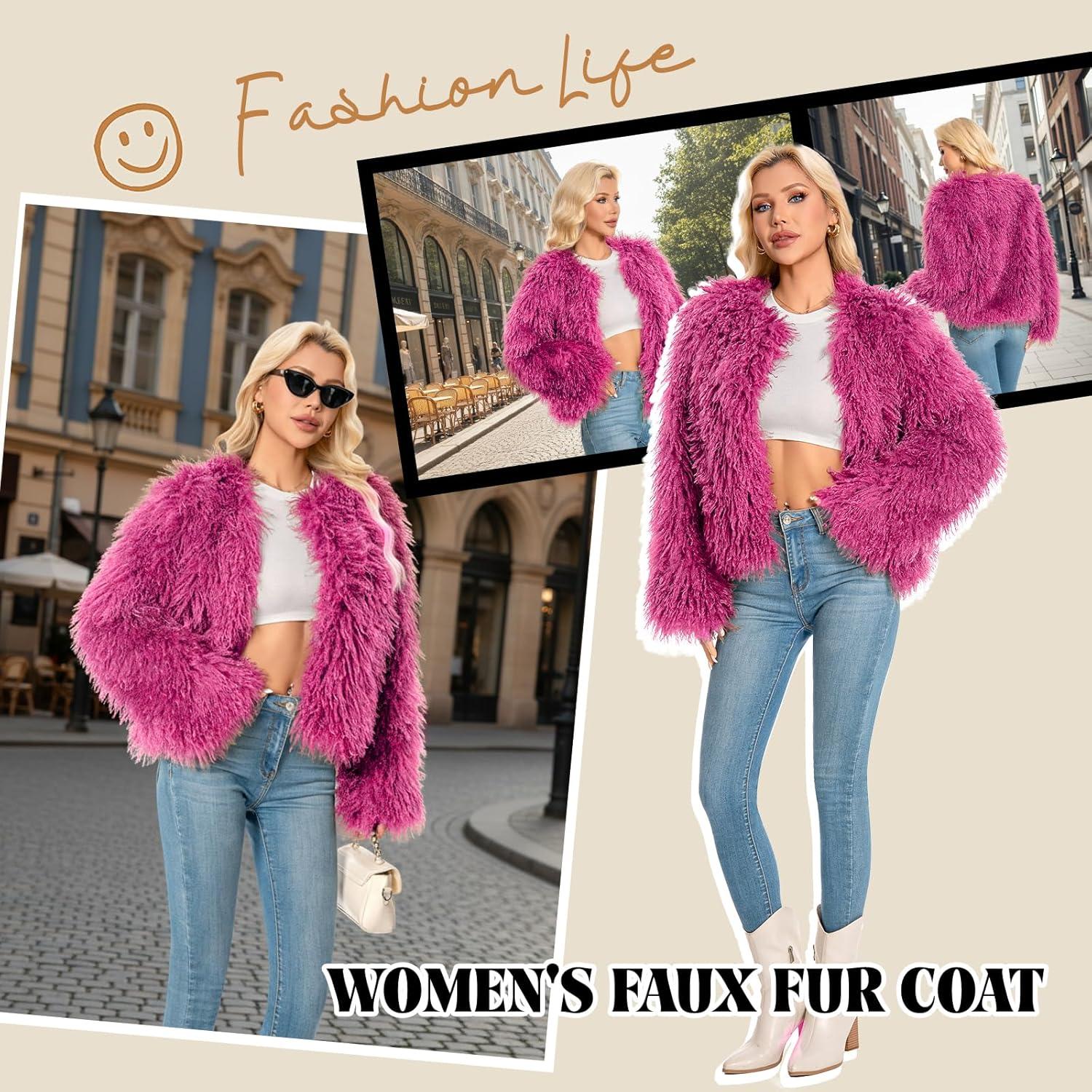 imageFur Coats For Women 2025 Plus Size Mongolian Faux Fuzzy Jacket Fluffy Long Sleeve Winter Coat with PocketsPink