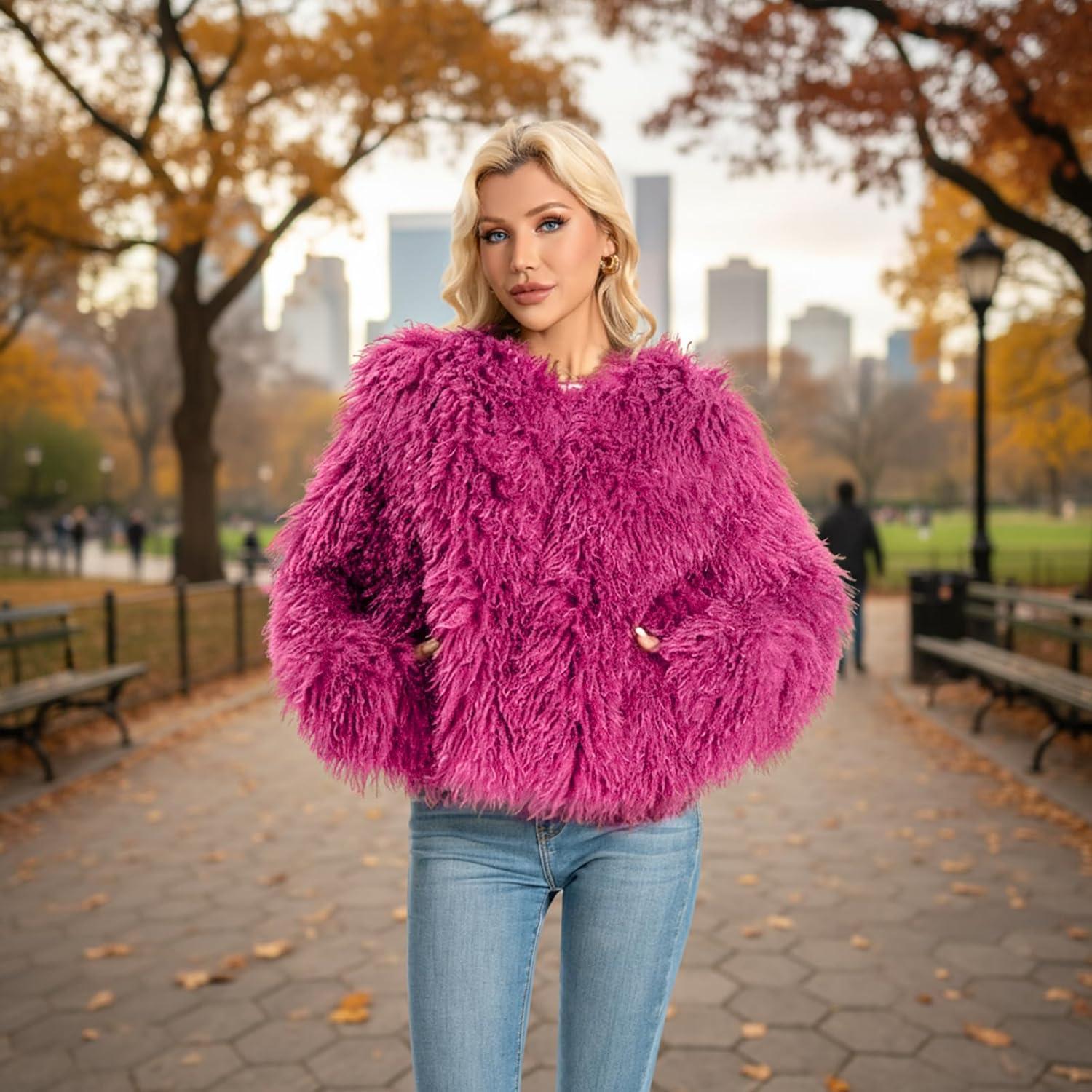 imageFur Coats For Women 2025 Plus Size Mongolian Faux Fuzzy Jacket Fluffy Long Sleeve Winter Coat with PocketsPink