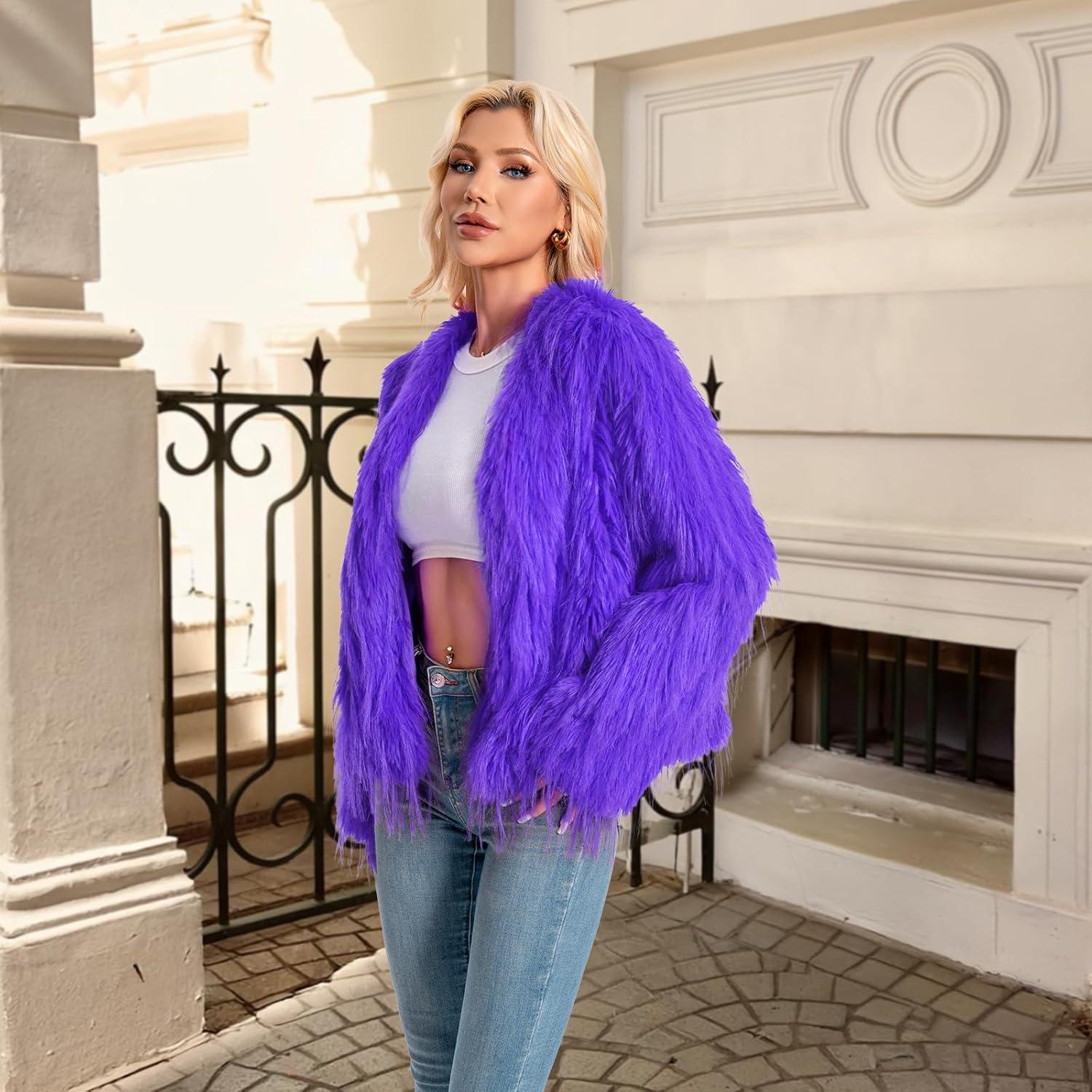 imageFur Coats For Women 2025 Plus Size Mongolian Faux Fuzzy Jacket Fluffy Long Sleeve Winter Coat with PocketsPurple Tassels