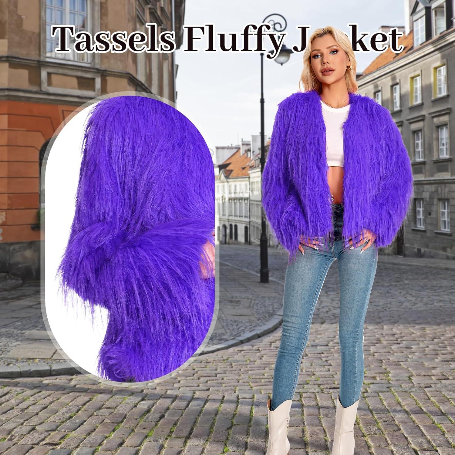 imageFur Coats For Women 2025 Plus Size Mongolian Faux Fuzzy Jacket Fluffy Long Sleeve Winter Coat with PocketsPurple Tassels