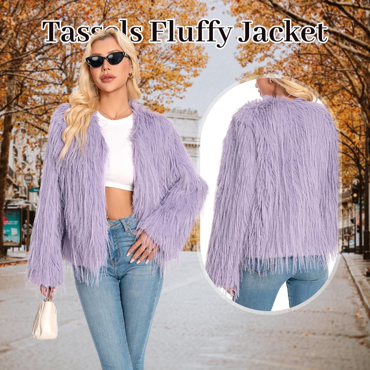 imageFur Coats For Women 2025 Plus Size Mongolian Faux Fuzzy Jacket Fluffy Long Sleeve Winter Coat with PocketsPurplegrey Tassels