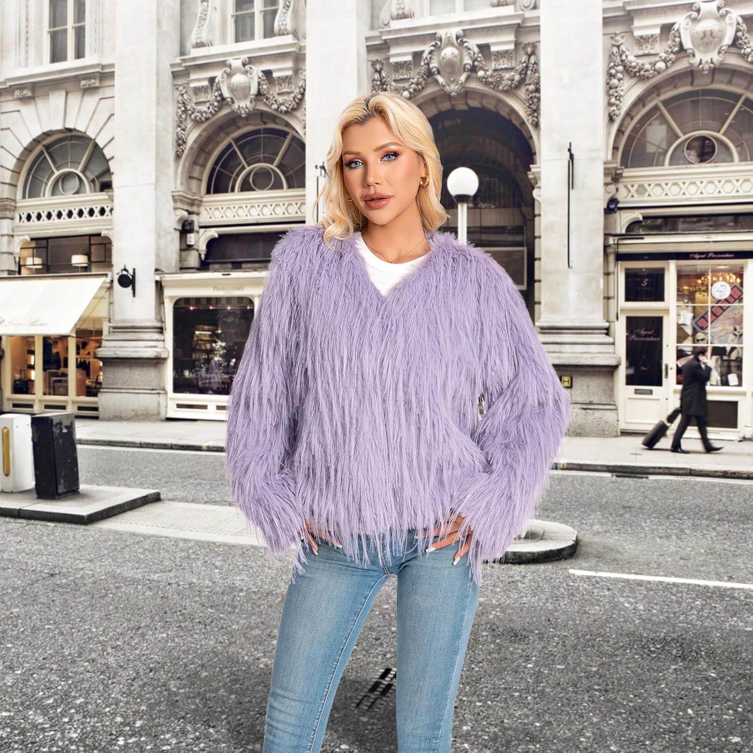 imageFur Coats For Women 2025 Plus Size Mongolian Faux Fuzzy Jacket Fluffy Long Sleeve Winter Coat with PocketsPurplegrey Tassels