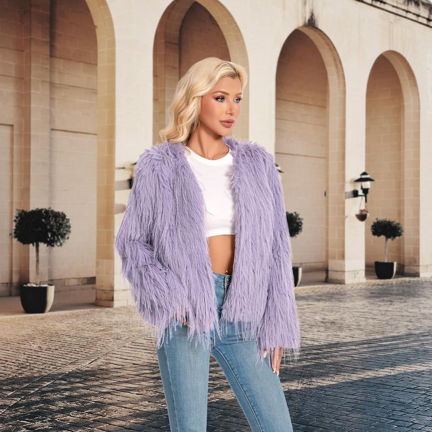 imageFur Coats For Women 2025 Plus Size Mongolian Faux Fuzzy Jacket Fluffy Long Sleeve Winter Coat with PocketsPurplegrey Tassels
