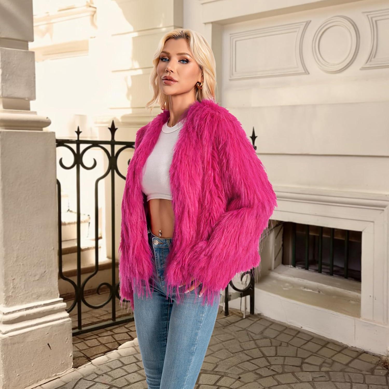 imageFur Coats For Women 2025 Plus Size Mongolian Faux Fuzzy Jacket Fluffy Long Sleeve Winter Coat with PocketsRosered Tassels