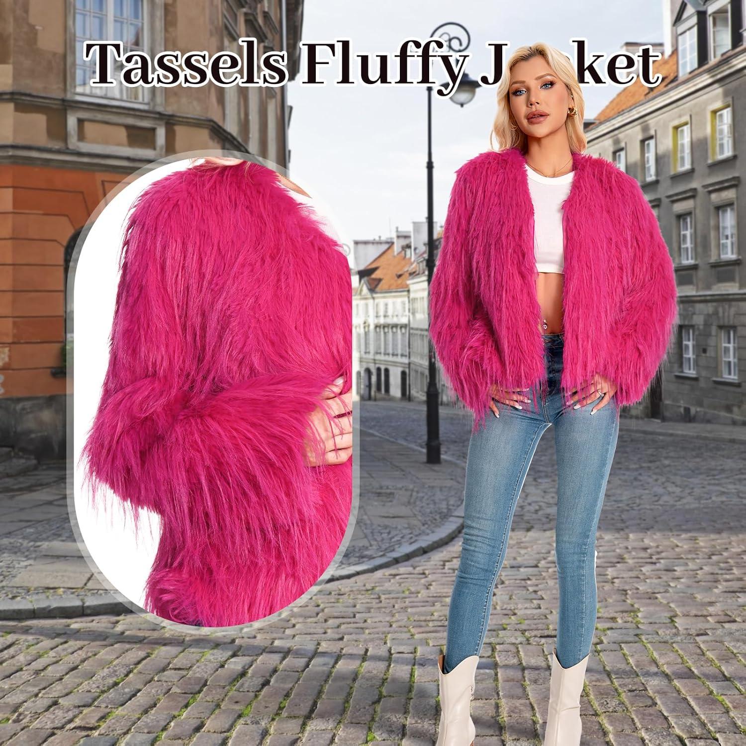 imageFur Coats For Women 2025 Plus Size Mongolian Faux Fuzzy Jacket Fluffy Long Sleeve Winter Coat with PocketsRosered Tassels