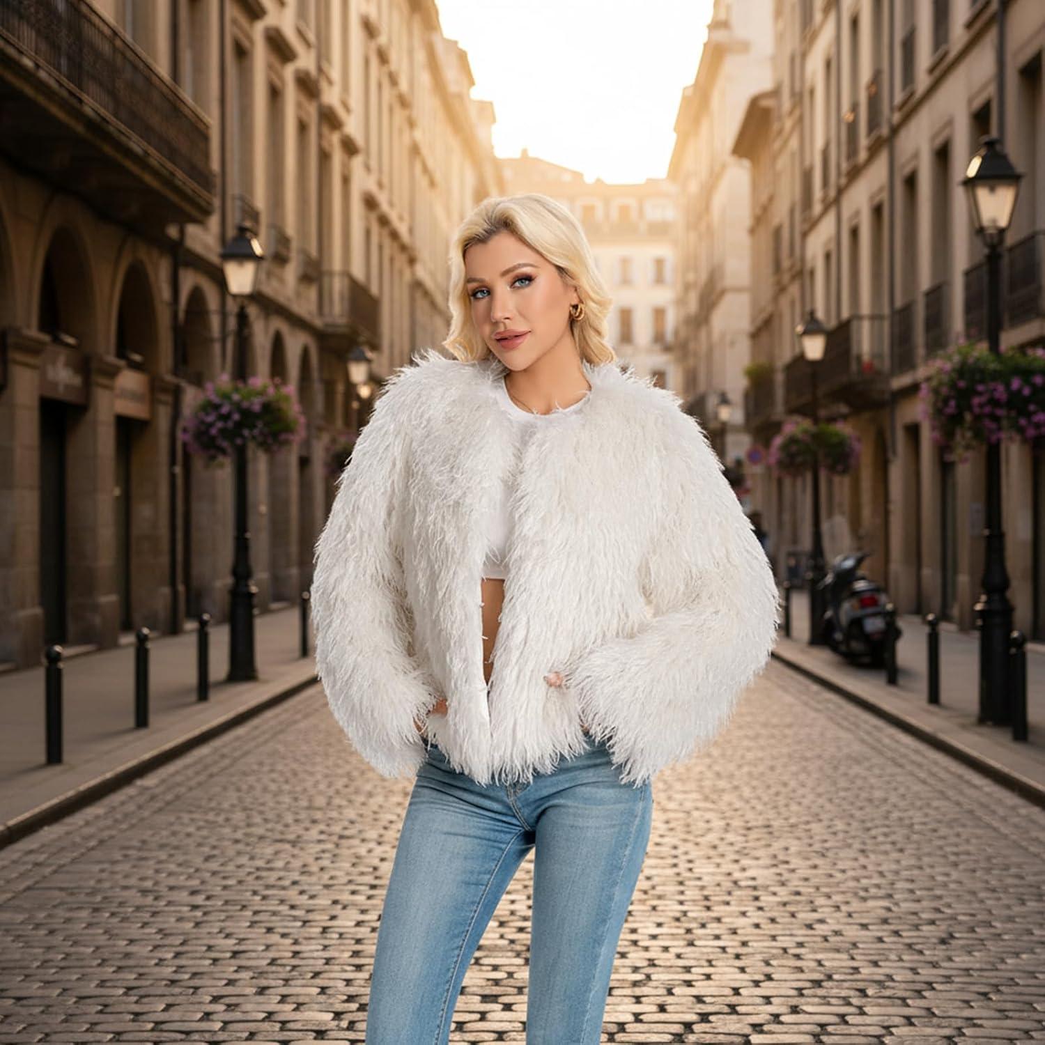 imageFur Coats For Women 2025 Plus Size Mongolian Faux Fuzzy Jacket Fluffy Long Sleeve Winter Coat with PocketsWhite
