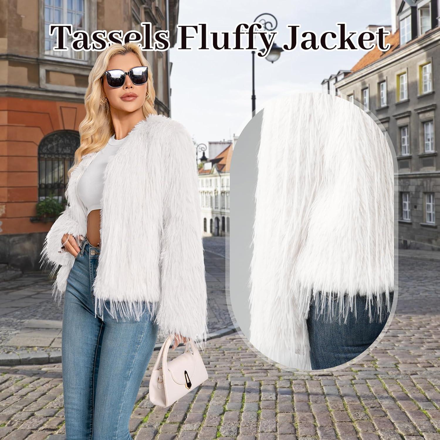 imageFur Coats For Women 2025 Plus Size Mongolian Faux Fuzzy Jacket Fluffy Long Sleeve Winter Coat with PocketsWhite Tassels