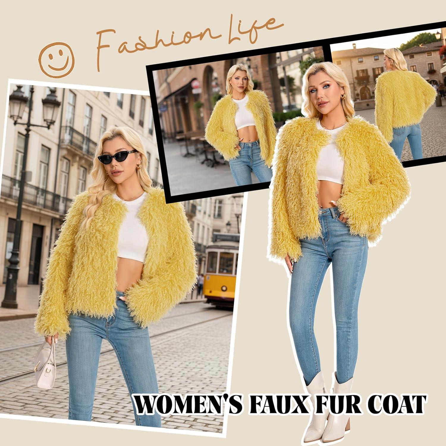 imageFur Coats For Women 2025 Plus Size Mongolian Faux Fuzzy Jacket Fluffy Long Sleeve Winter Coat with PocketsYellow
