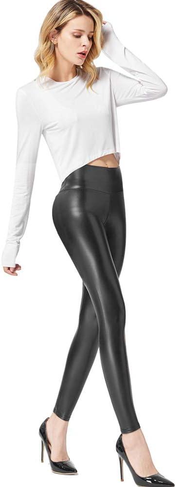 imageGinasy Faux Leather Leggings for Women Tummy Control Stretch High Waist Pleather Pants with Thin Fleece LinedBlack