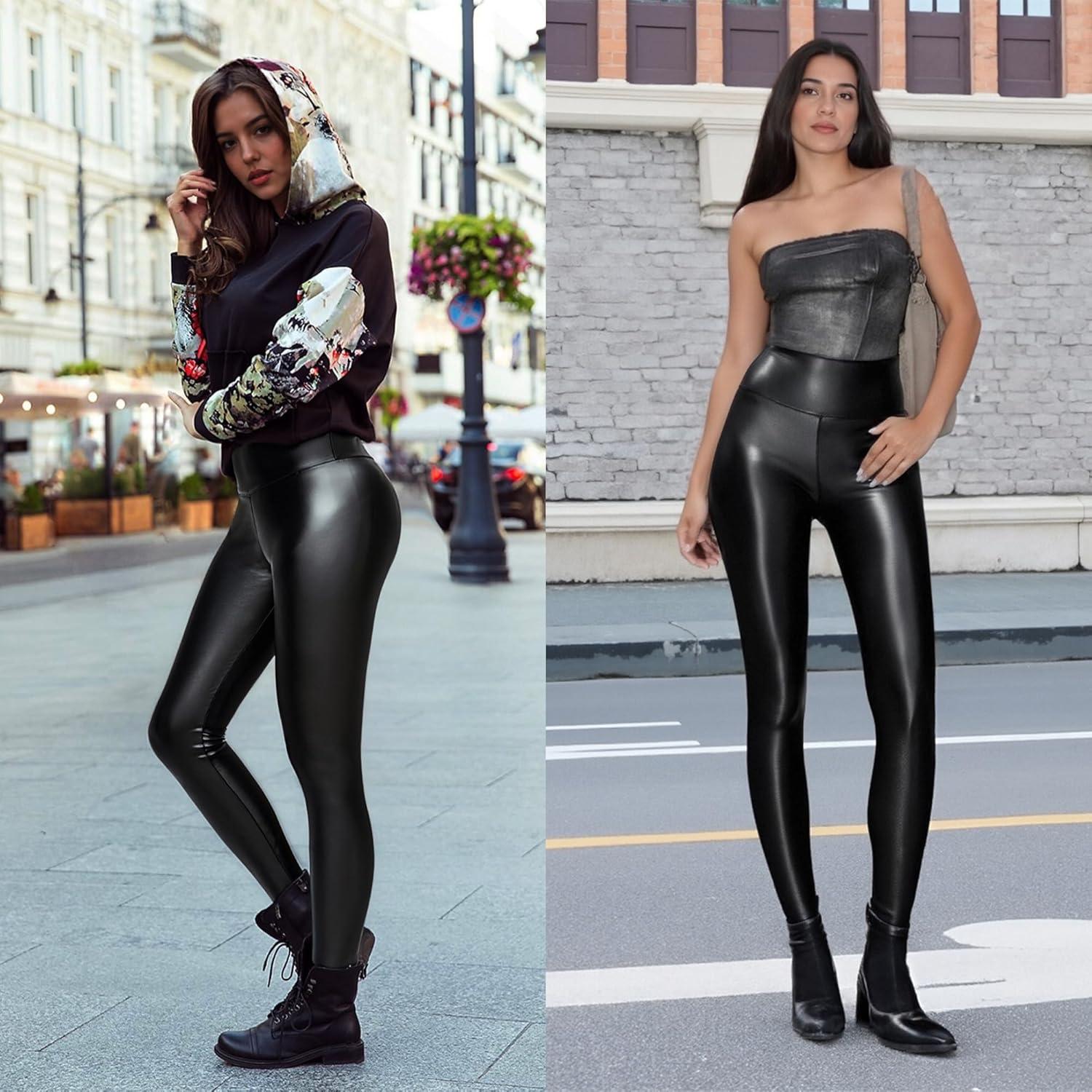 imageGinasy Faux Leather Leggings for Women Tummy Control Stretch High Waist Pleather Pants with Thin Fleece LinedBlack