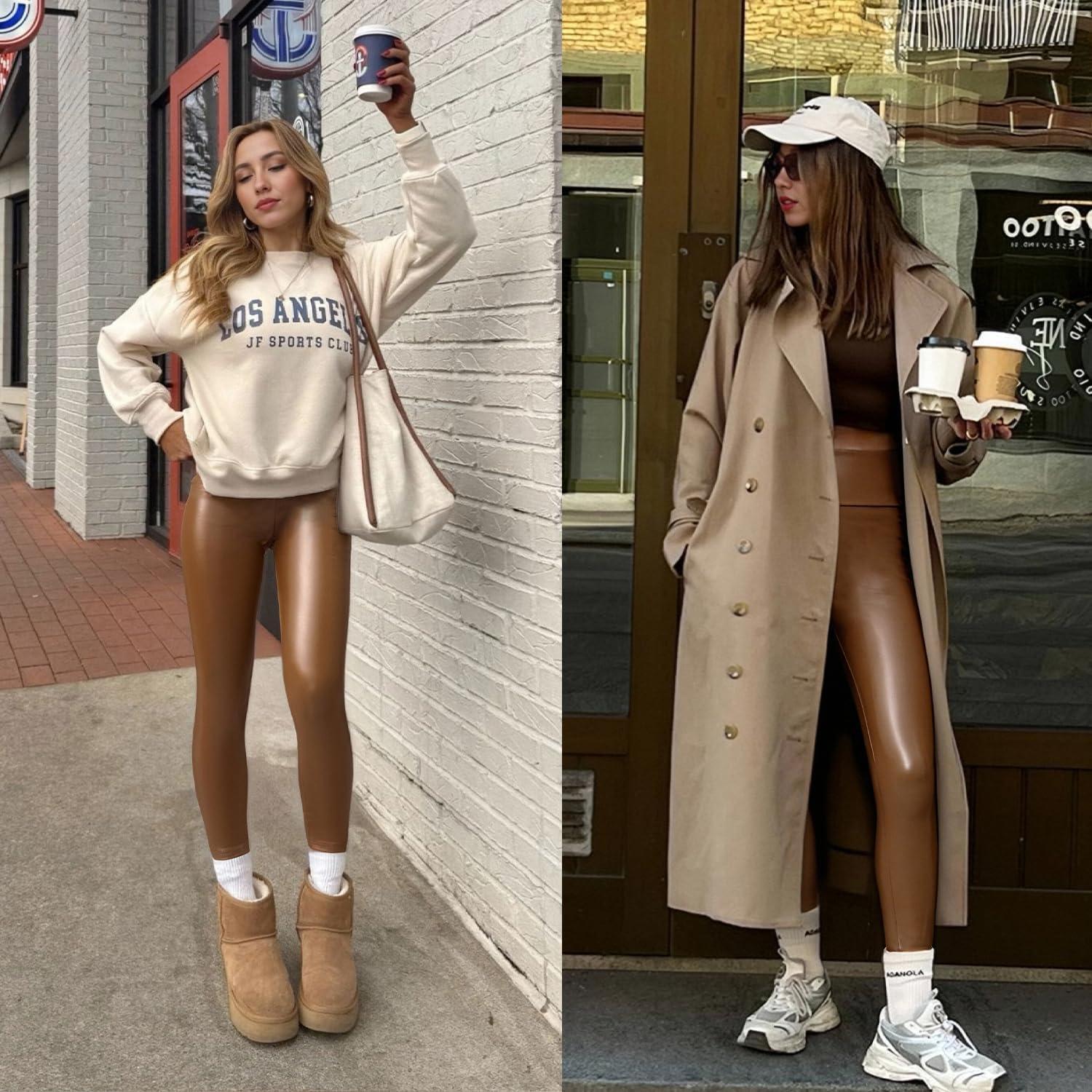 imageGinasy Faux Leather Leggings for Women Tummy Control Stretch High Waist Pleather Pants with Thin Fleece LinedBrown