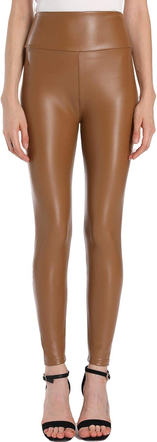 imageGinasy Faux Leather Leggings for Women Tummy Control Stretch High Waist Pleather Pants with Thin Fleece LinedBrown