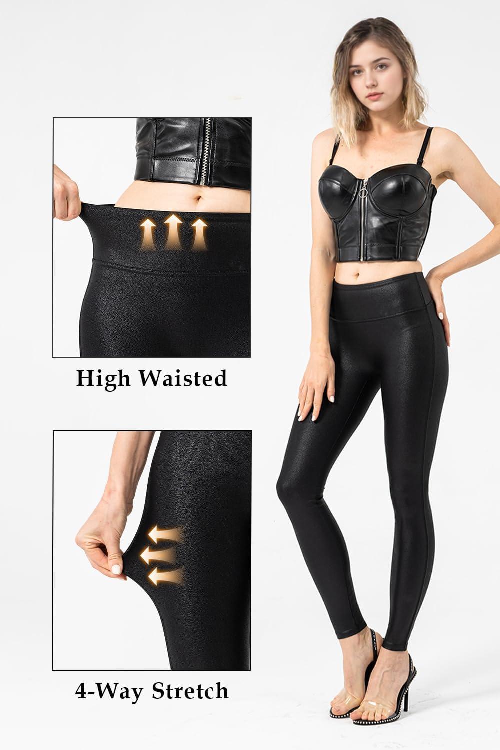 imageGinasy Faux Leather Leggings for Women Tummy Control Stretch High Waist Pleather Pants with Thin Fleece LinedMatte Black