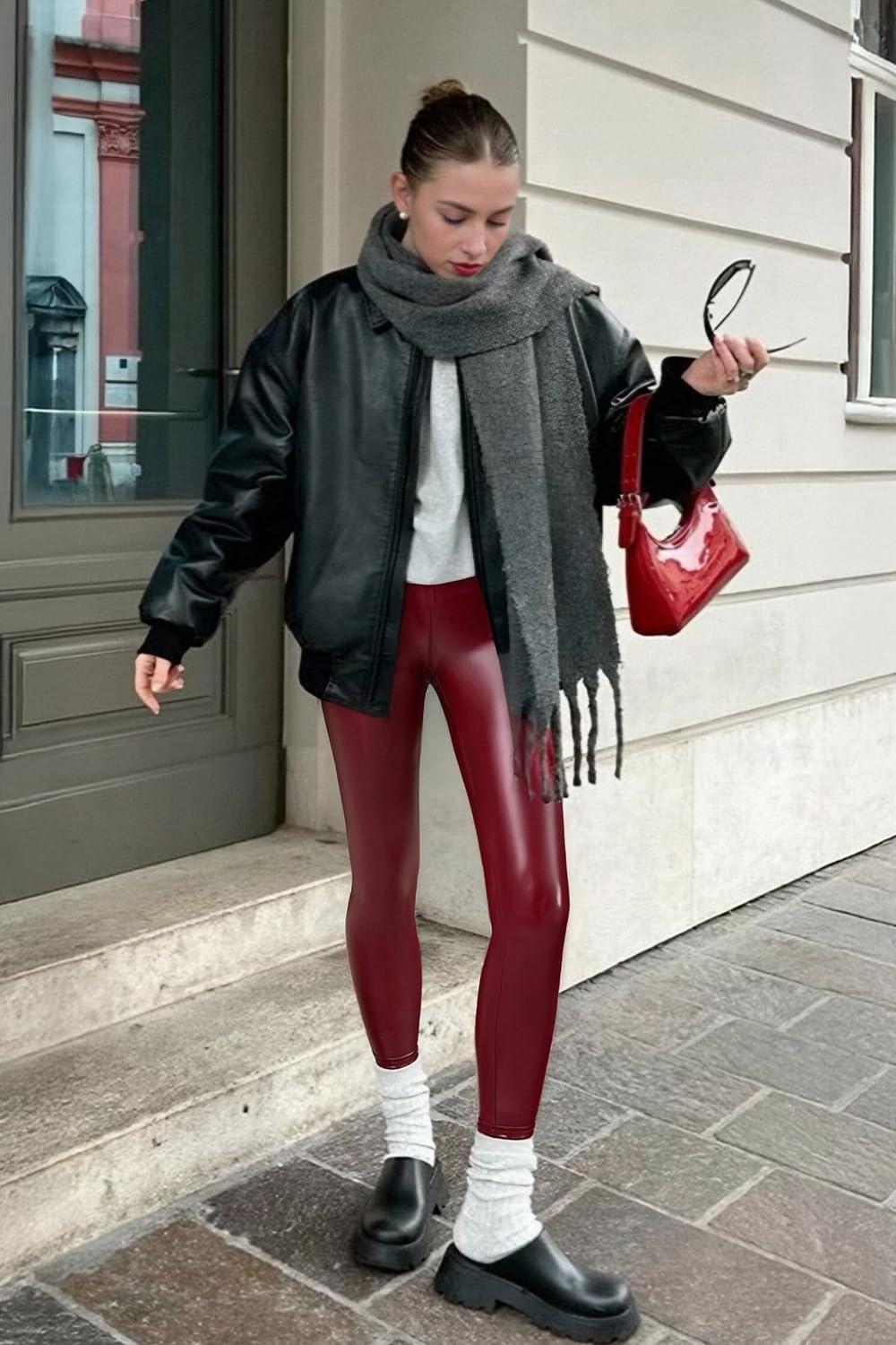 imageGinasy Faux Leather Leggings for Women Tummy Control Stretch High Waist Pleather Pants with Thin Fleece LinedRed