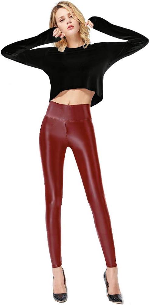 imageGinasy Faux Leather Leggings for Women Tummy Control Stretch High Waist Pleather Pants with Thin Fleece LinedRed