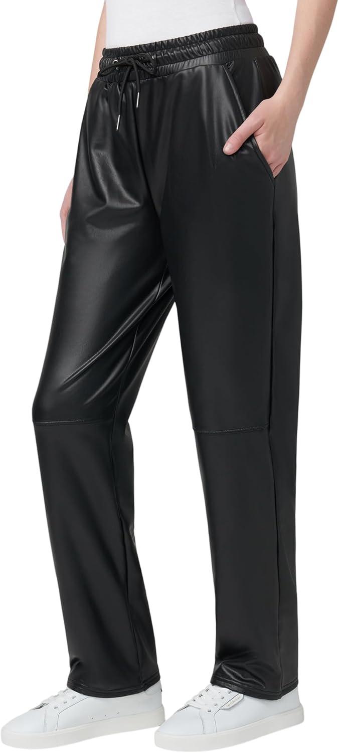 imageHUE Womens High Rise Faux Leather Straight Leg PantsBlack