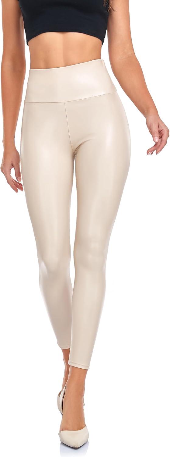 imageLIGHTBACK Womens Faux Leather Leggings Stretchy High Waist Tummy Control Pleather Pants Sexy PU Leather TightsBeige