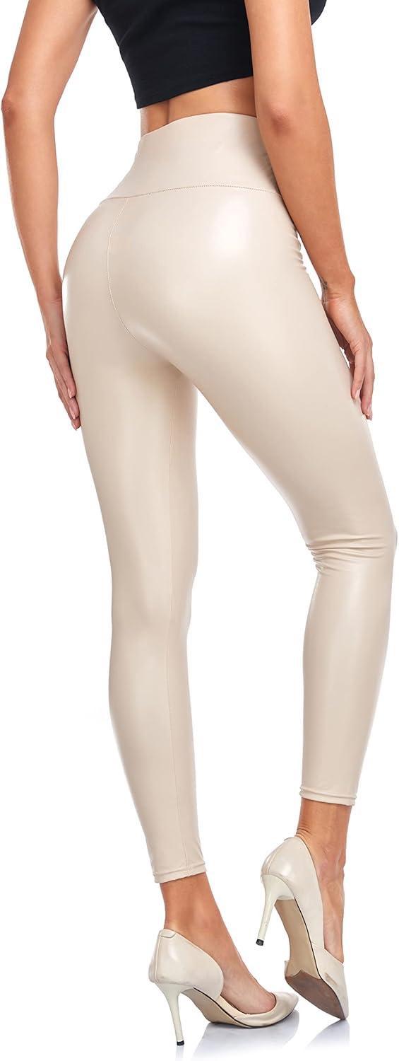 imageLIGHTBACK Womens Faux Leather Leggings Stretchy High Waist Tummy Control Pleather Pants Sexy PU Leather TightsBeige