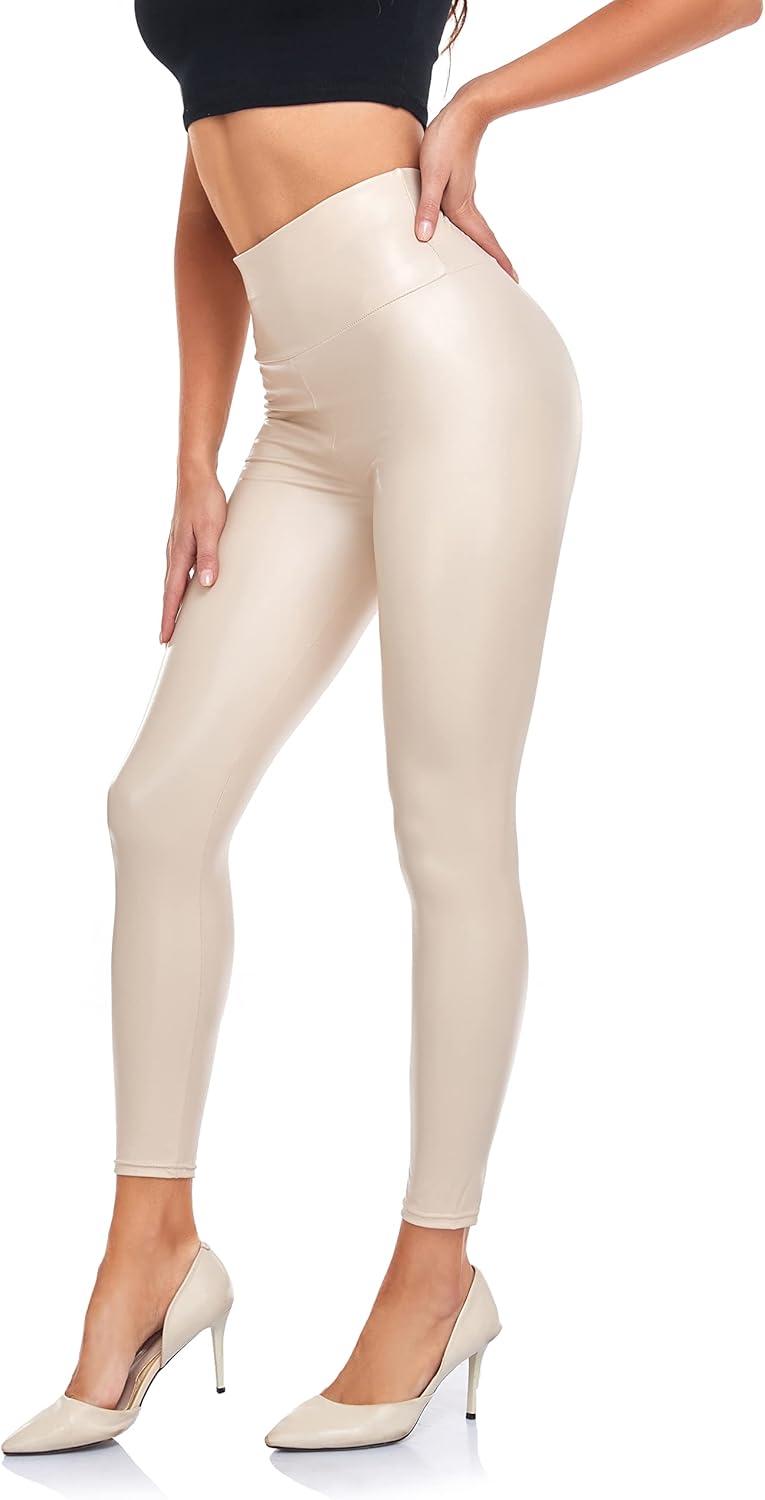 imageLIGHTBACK Womens Faux Leather Leggings Stretchy High Waist Tummy Control Pleather Pants Sexy PU Leather TightsBeige
