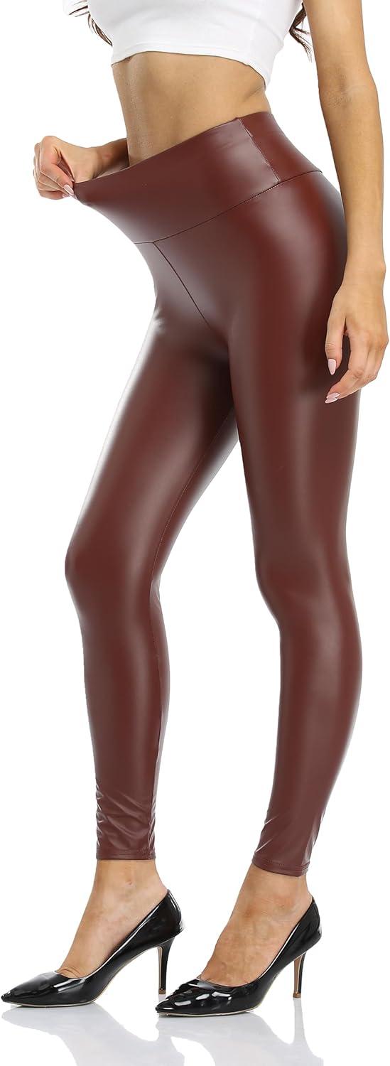 imageLIGHTBACK Womens Faux Leather Leggings Stretchy High Waist Tummy Control Pleather Pants Sexy PU Leather TightsBrown