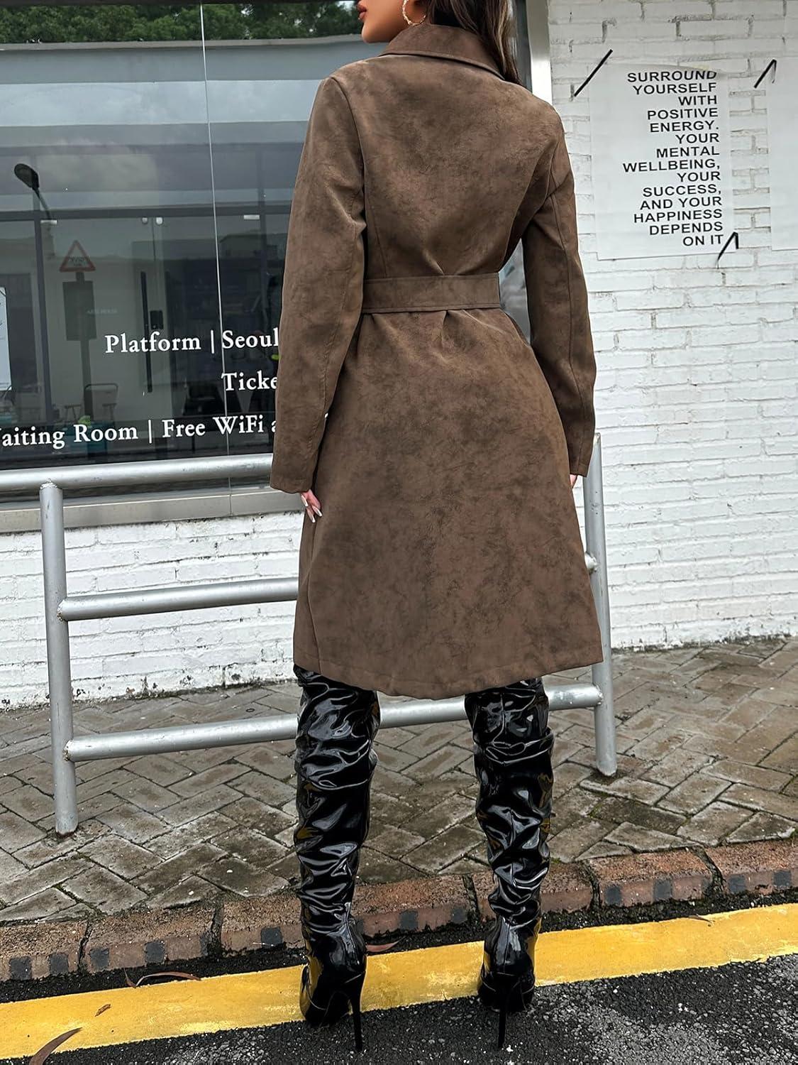 imageLeather Jacket Women Trench Coat Long Loose Button Lined Jacket Open Front Faux Motorcycle Coat with BeltBrown 025