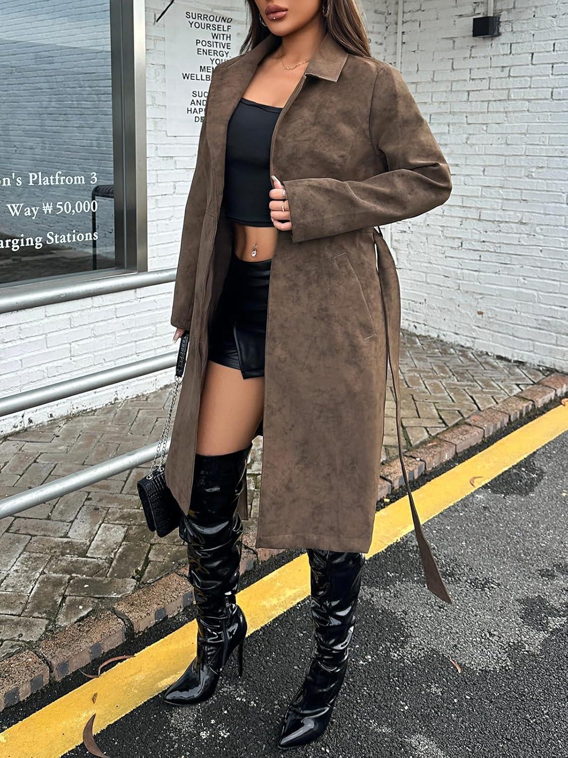 imageLeather Jacket Women Trench Coat Long Loose Button Lined Jacket Open Front Faux Motorcycle Coat with BeltBrown 025