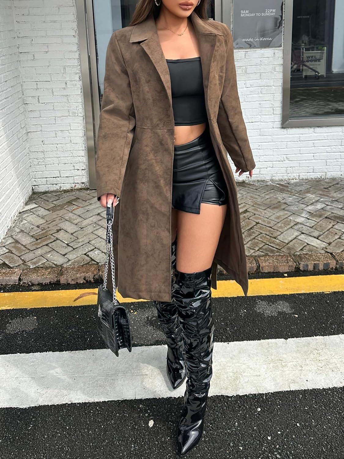 imageLeather Jacket Women Trench Coat Long Loose Button Lined Jacket Open Front Faux Motorcycle Coat with BeltBrown 025