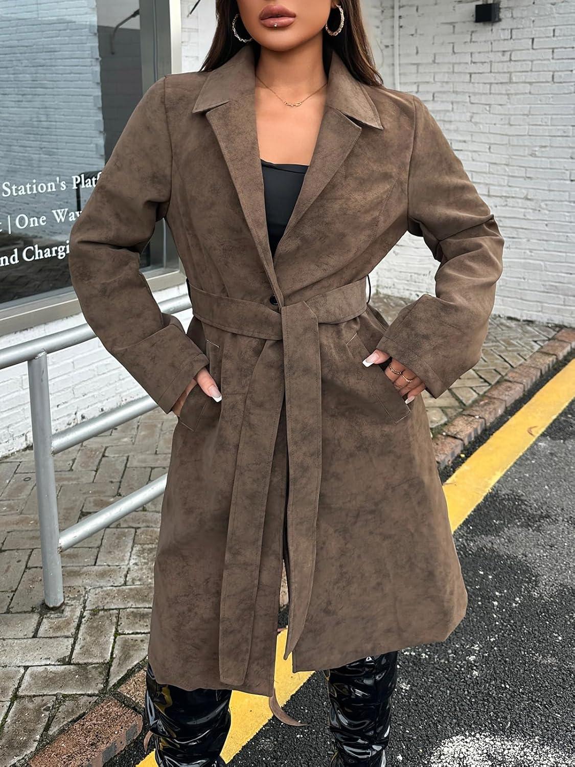 imageLeather Jacket Women Trench Coat Long Loose Button Lined Jacket Open Front Faux Motorcycle Coat with BeltBrown 025