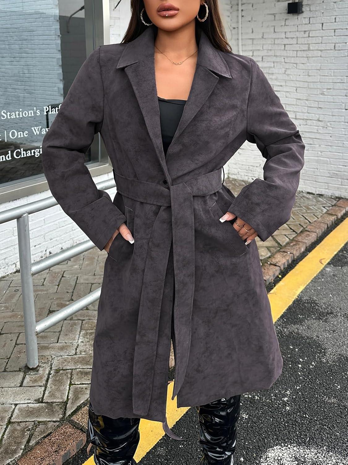imageLeather Jacket Women Trench Coat Long Loose Button Lined Jacket Open Front Faux Motorcycle Coat with BeltGray 025