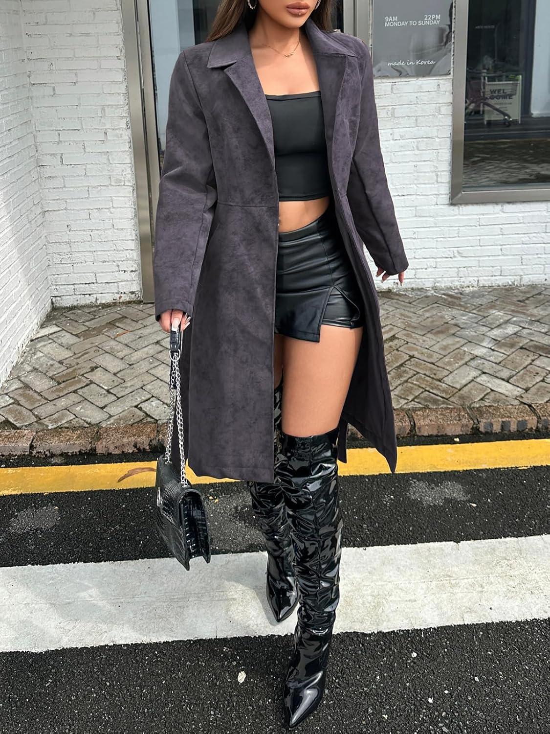 imageLeather Jacket Women Trench Coat Long Loose Button Lined Jacket Open Front Faux Motorcycle Coat with BeltGray 025