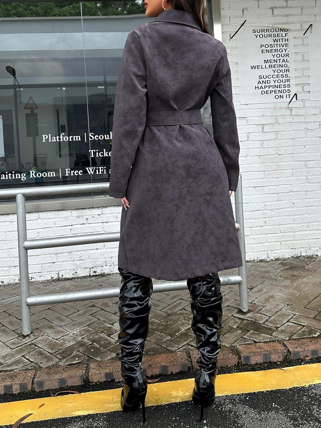 imageLeather Jacket Women Trench Coat Long Loose Button Lined Jacket Open Front Faux Motorcycle Coat with BeltGray 025