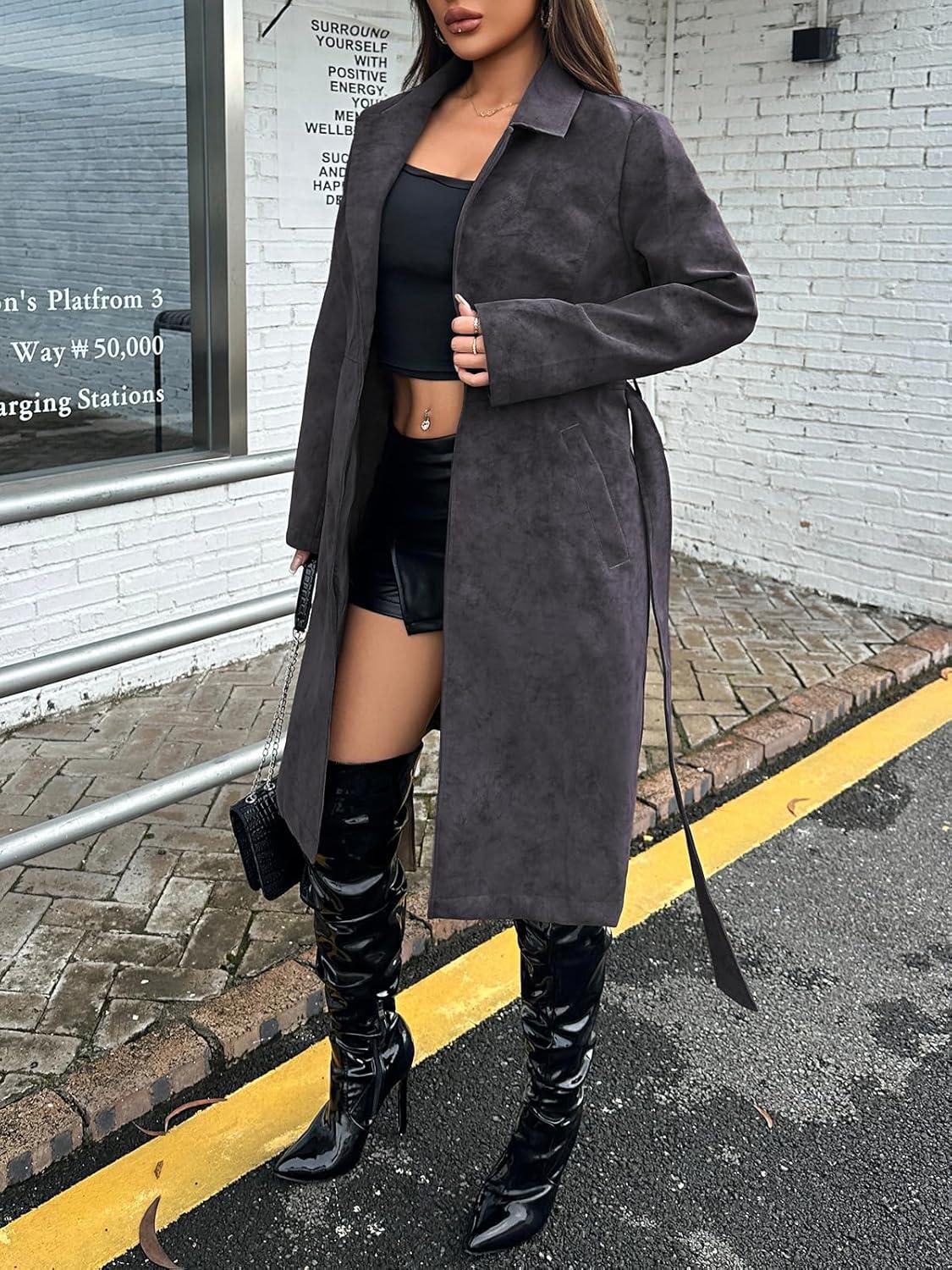 imageLeather Jacket Women Trench Coat Long Loose Button Lined Jacket Open Front Faux Motorcycle Coat with BeltGray 025