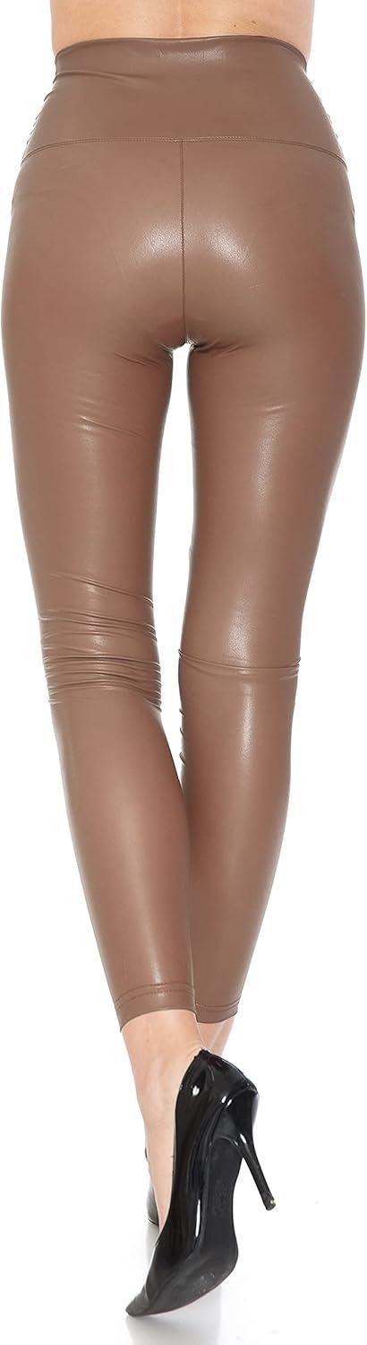 imageLeggings Depot Womens High Waist Faux Leather Leggings Tights Pleather PantsBrown