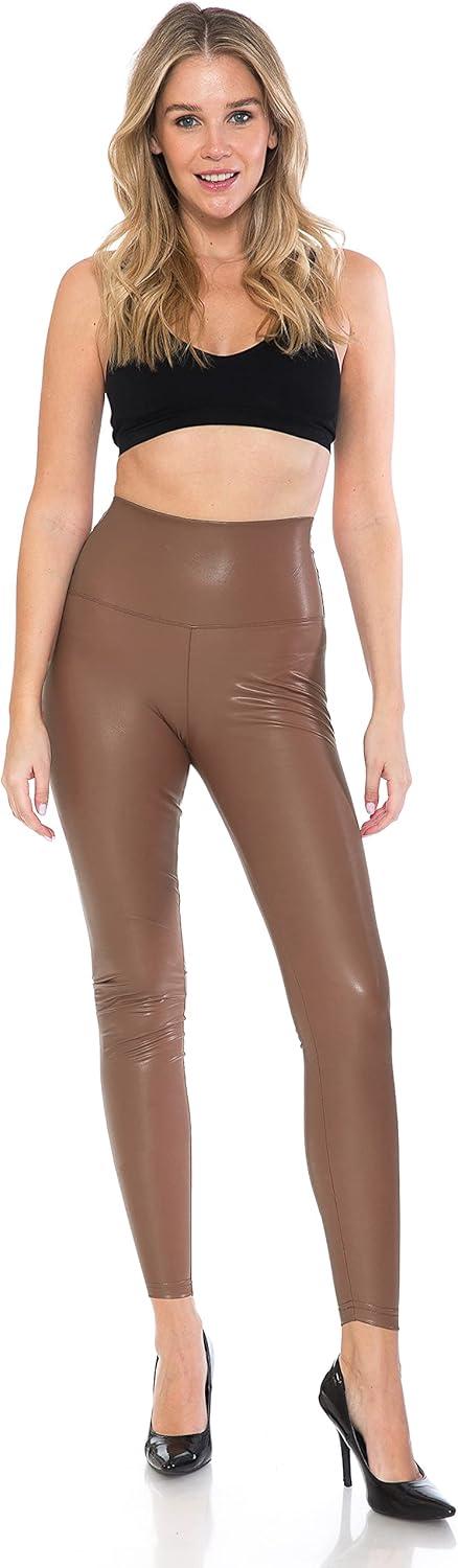 imageLeggings Depot Womens High Waist Faux Leather Leggings Tights Pleather PantsBrown