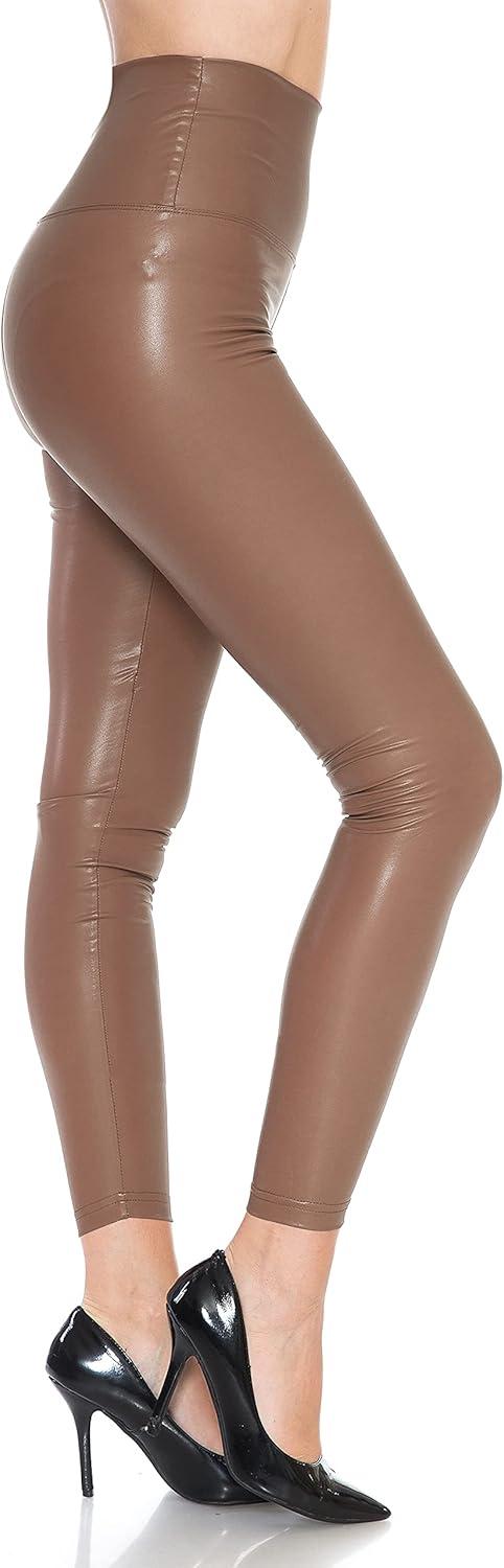 imageLeggings Depot Womens High Waist Faux Leather Leggings Tights Pleather PantsBrown