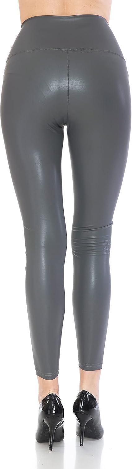 imageLeggings Depot Womens High Waist Faux Leather Leggings Tights Pleather PantsCharcoal