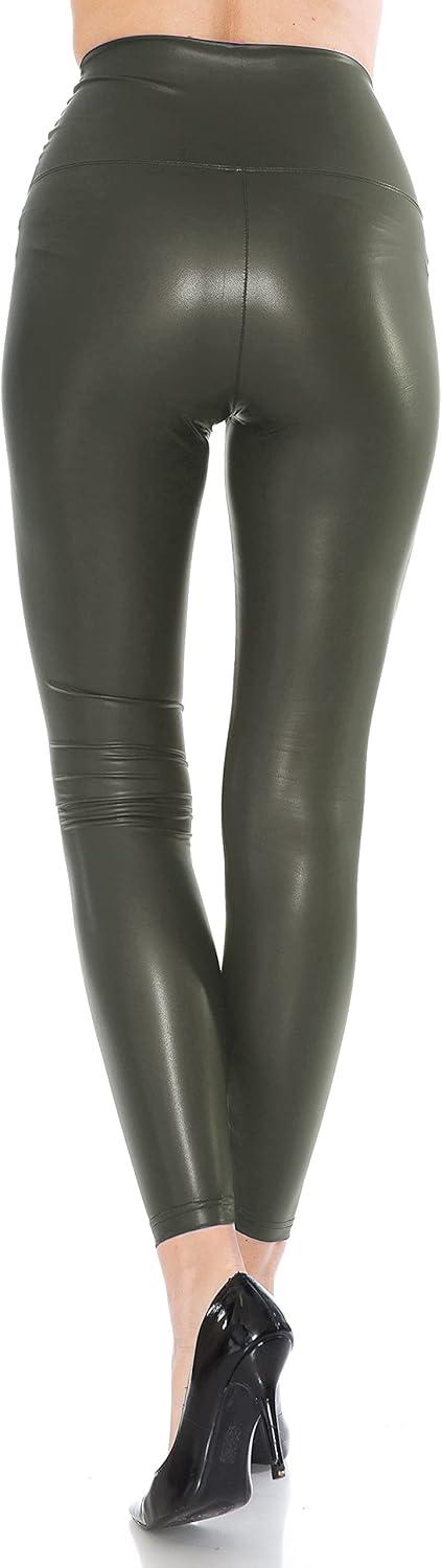 imageLeggings Depot Womens High Waist Faux Leather Leggings Tights Pleather PantsDark Olive