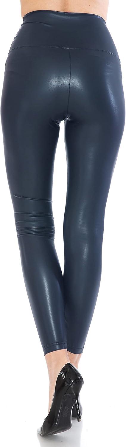 imageLeggings Depot Womens High Waist Faux Leather Leggings Tights Pleather PantsNavy