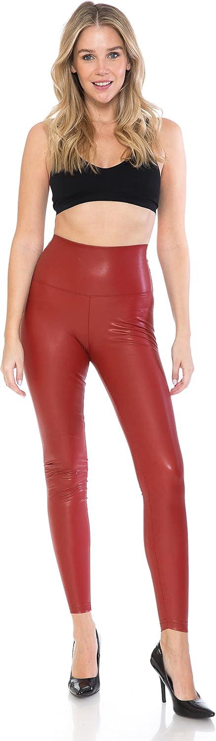 imageLeggings Depot Womens High Waist Faux Leather Leggings Tights Pleather PantsRed