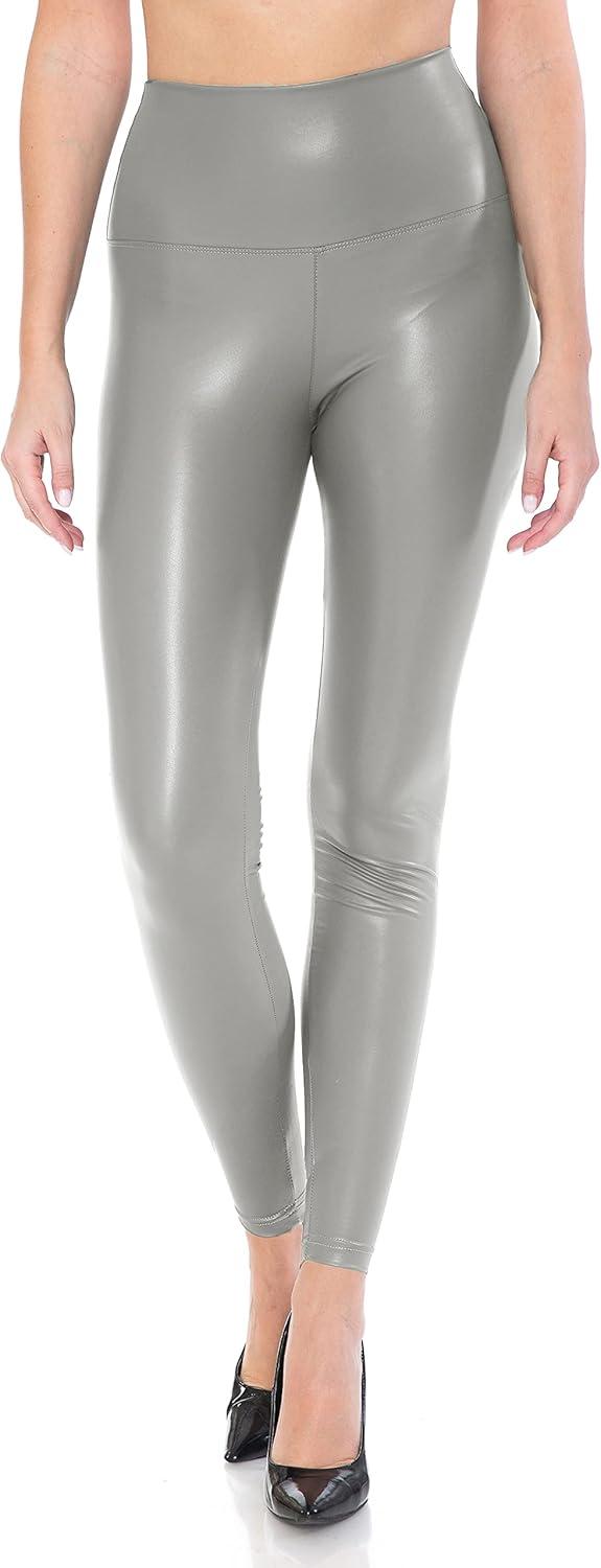 imageLeggings Depot Womens High Waist Faux Leather Leggings Tights Pleather PantsSilver