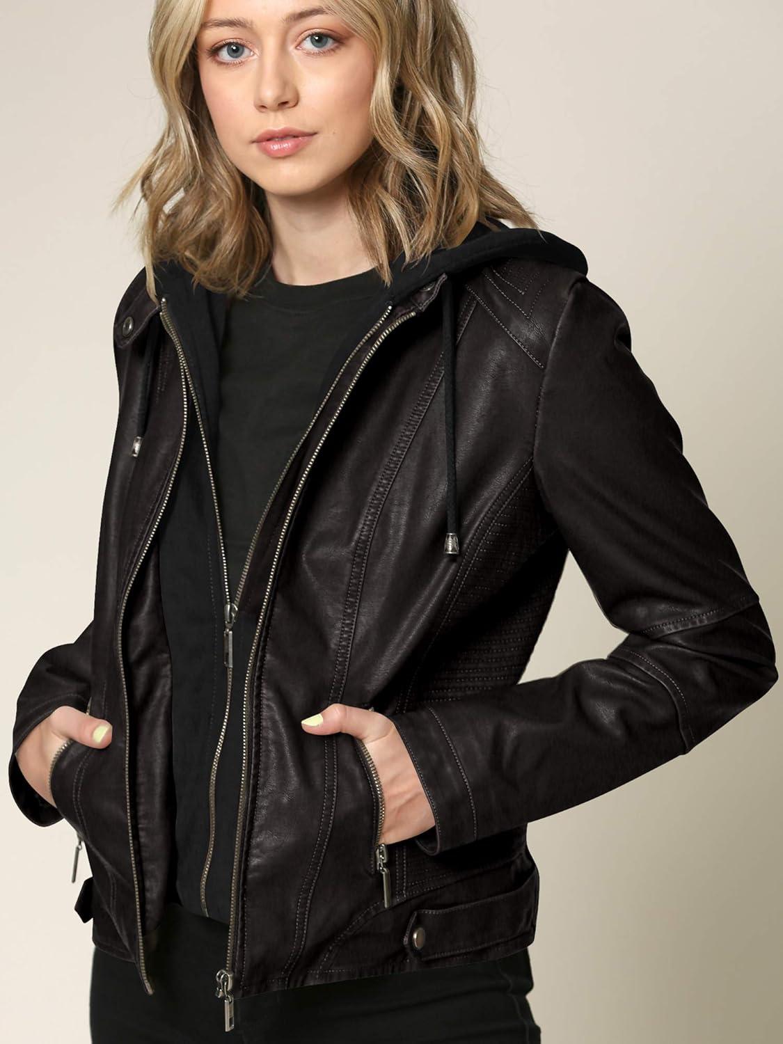 imageLock and Love Womens Faux Leather Moto Biker Jacket Coat with Removable or NonRemovable HoodWjc1044black