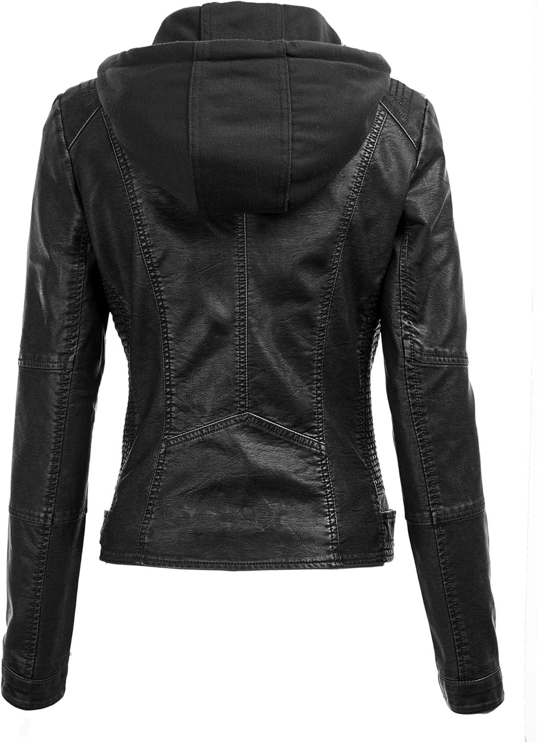 imageLock and Love Womens Faux Leather Moto Biker Jacket Coat with Removable or NonRemovable HoodWjc1044black