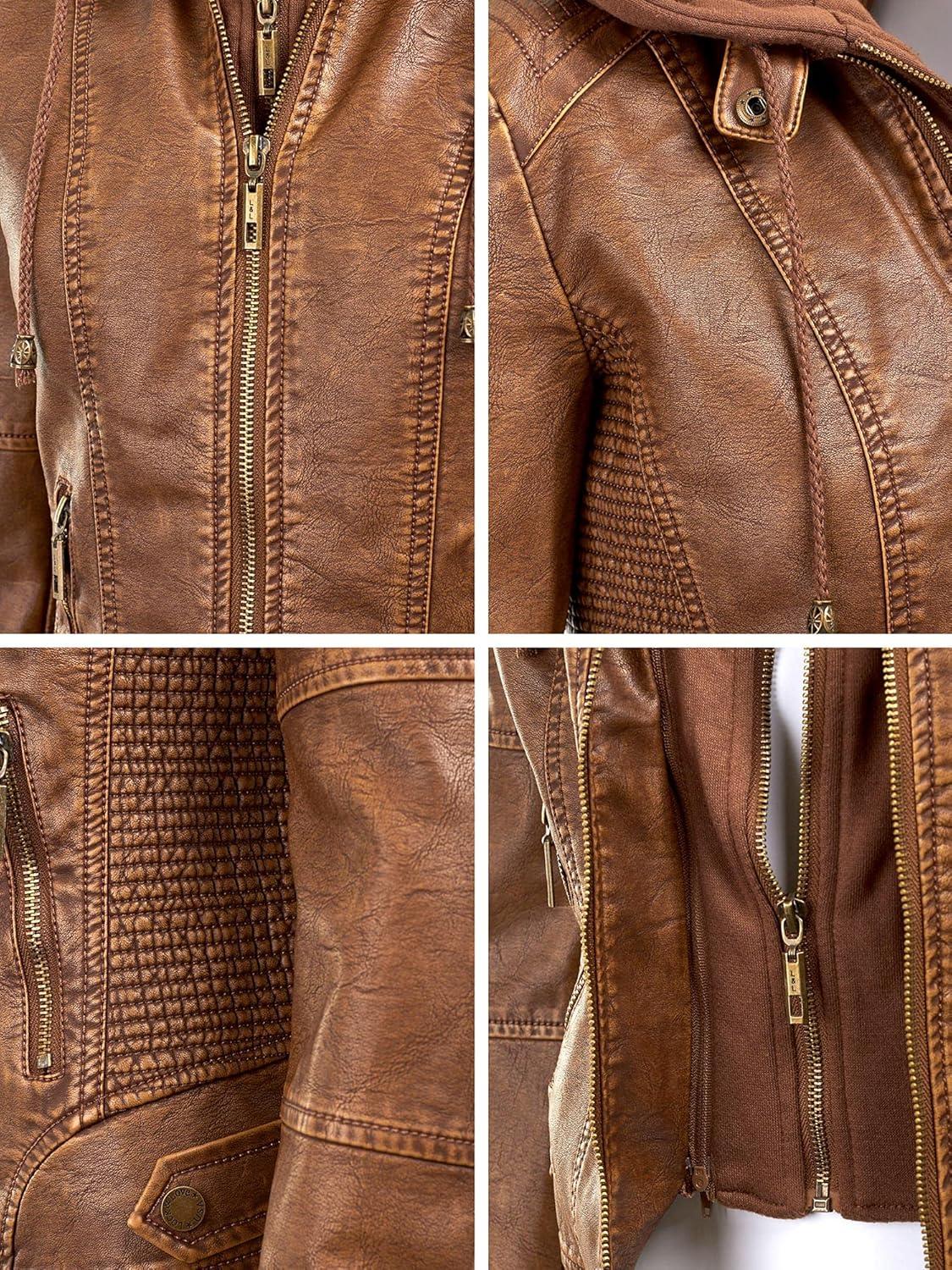 imageLock and Love Womens Faux Leather Moto Biker Jacket Coat with Removable or NonRemovable HoodWjc1044camel